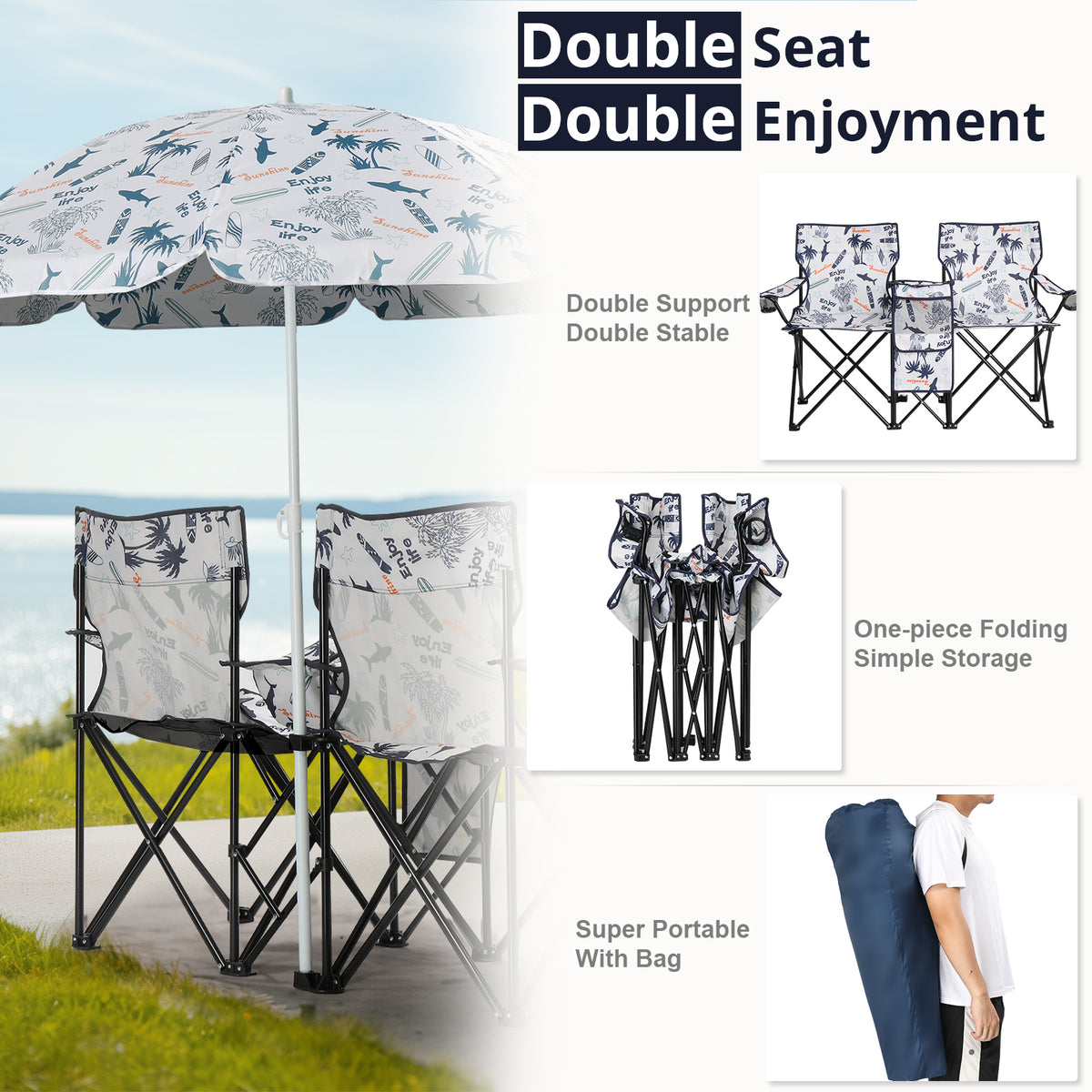 2-Seat Folding Outdoor Chair with Removable Sun Umbrella