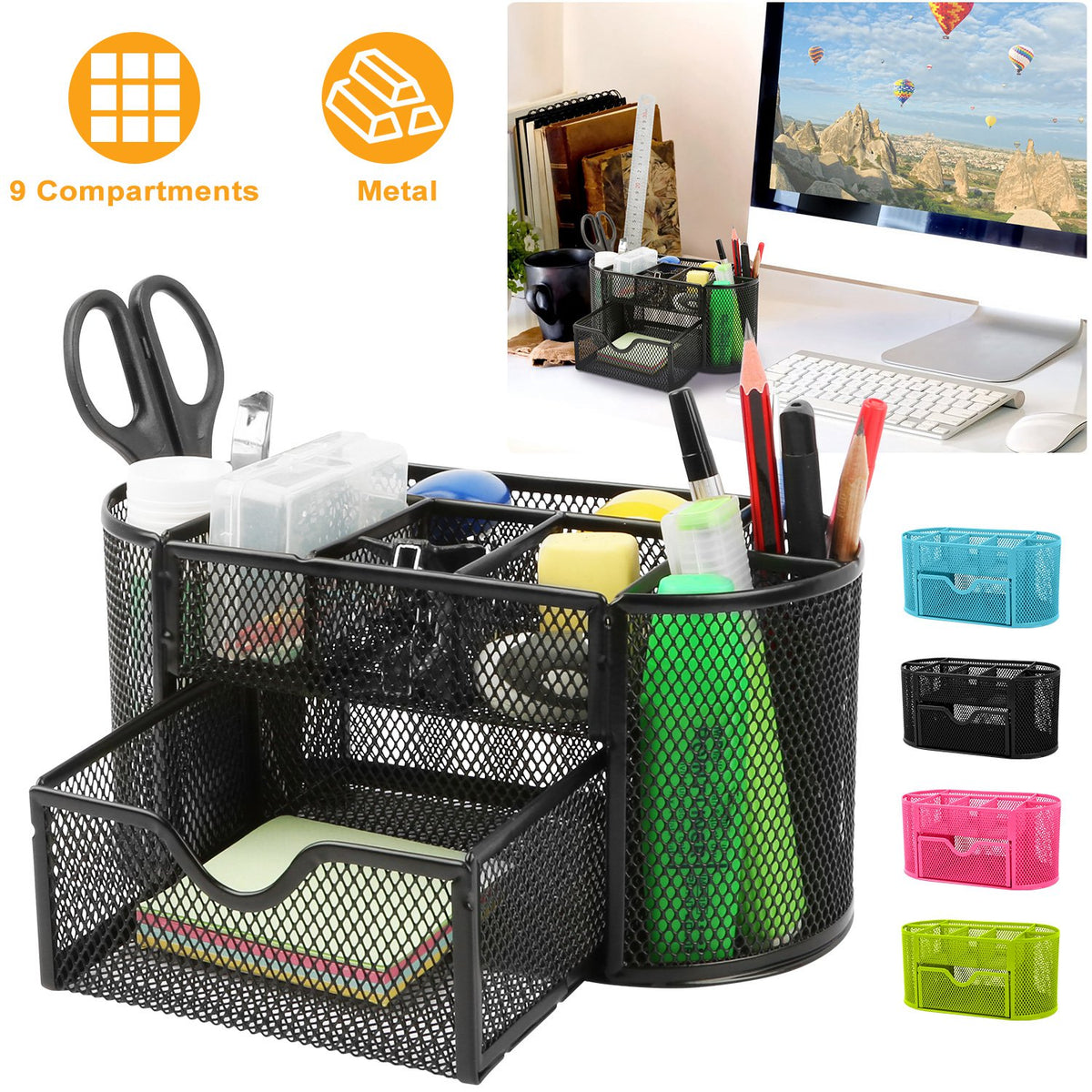 Metal Mesh Desk Organizer with Drawer (9 Compartments)