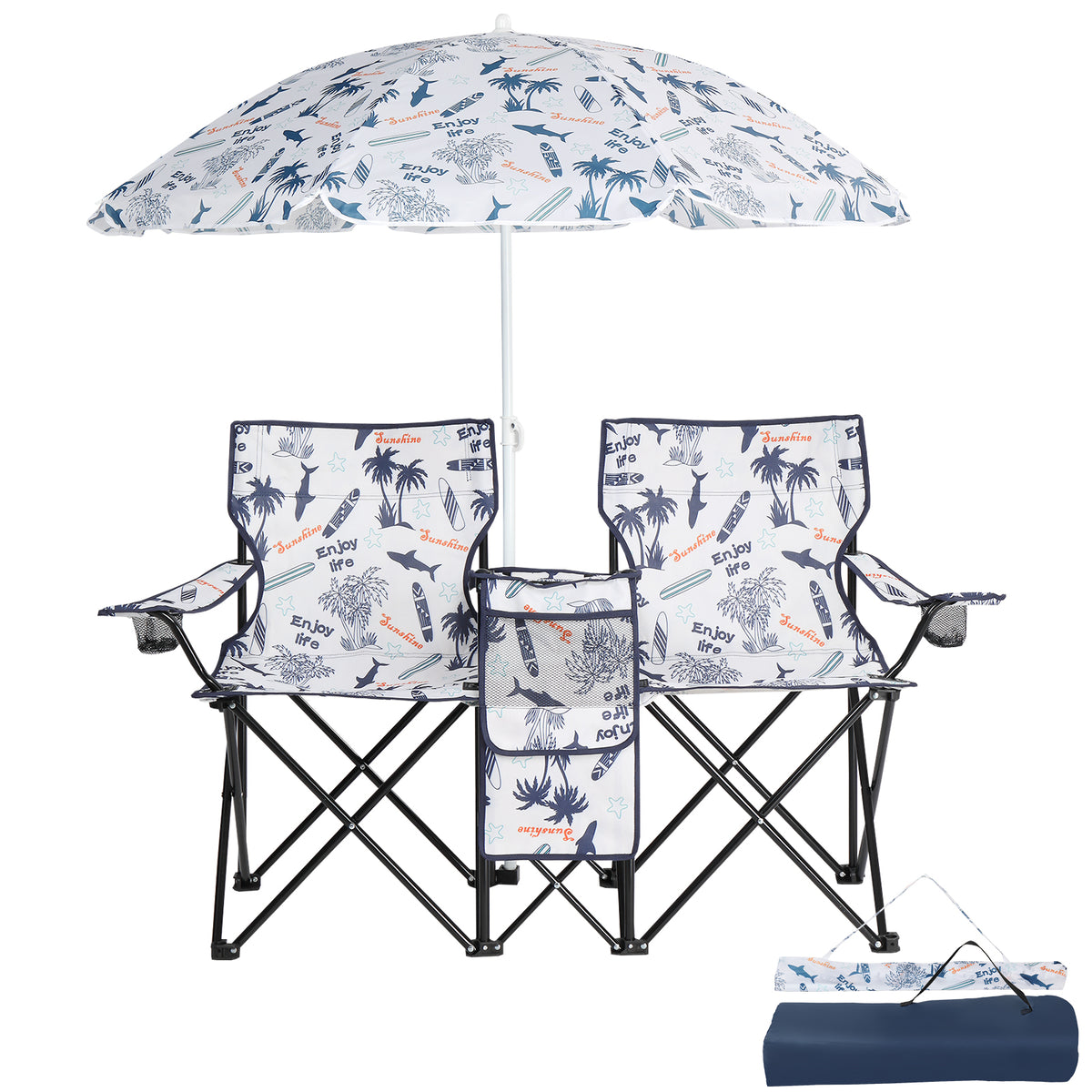 2-Seat Folding Outdoor Chair with Removable Sun Umbrella