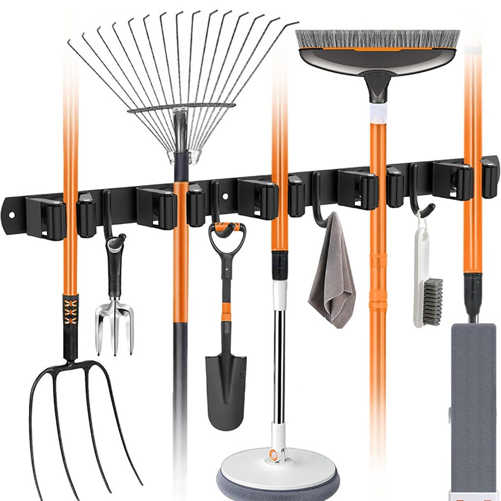 Wall-Mounted Broom & Mop Holder (5 Slots, 4 Hooks)