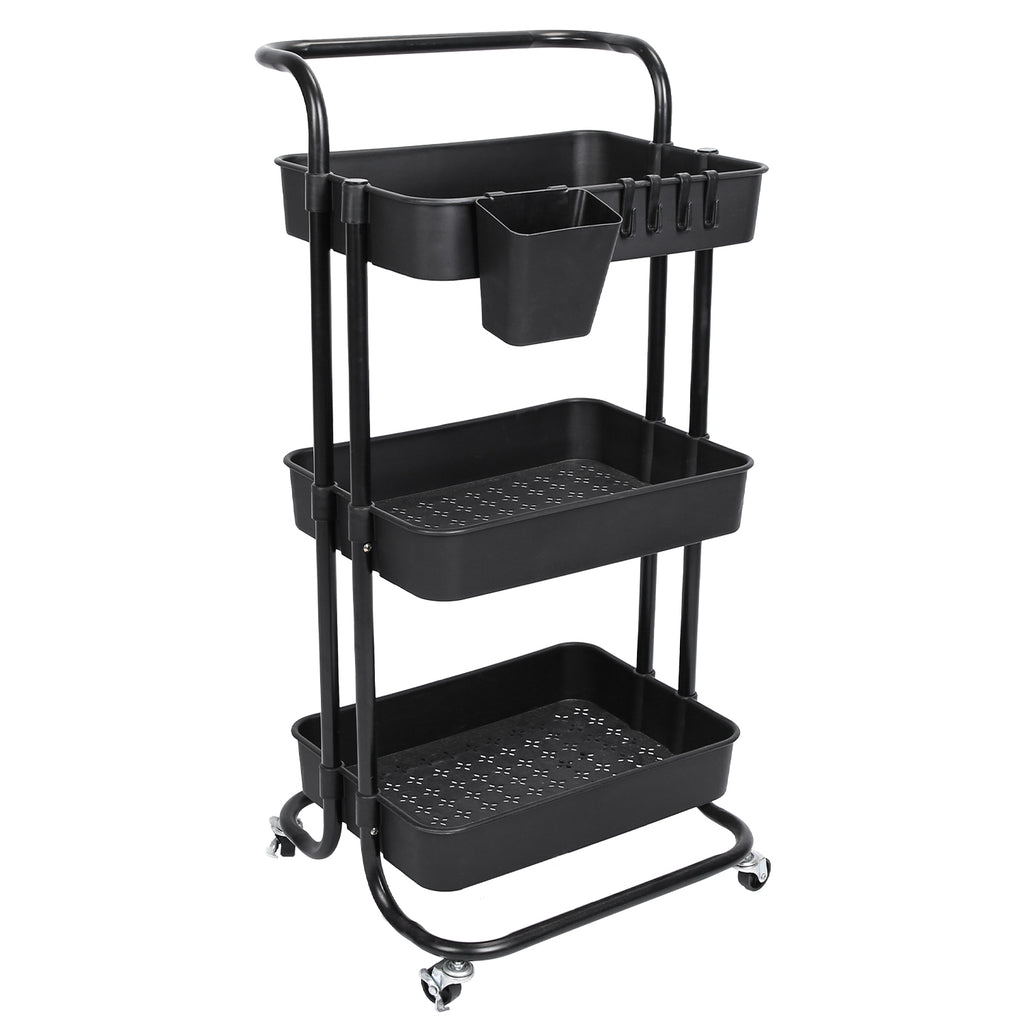 3-Tier Rolling Utility Cart with Hanging Cups & Hooks