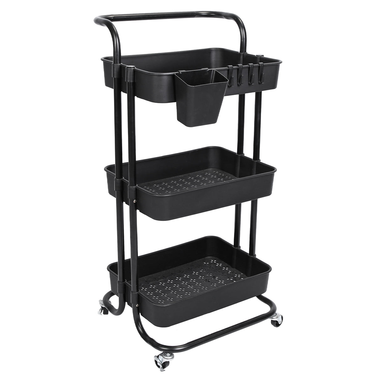3-Tier Rolling Utility Cart with Hanging Cups & Hooks