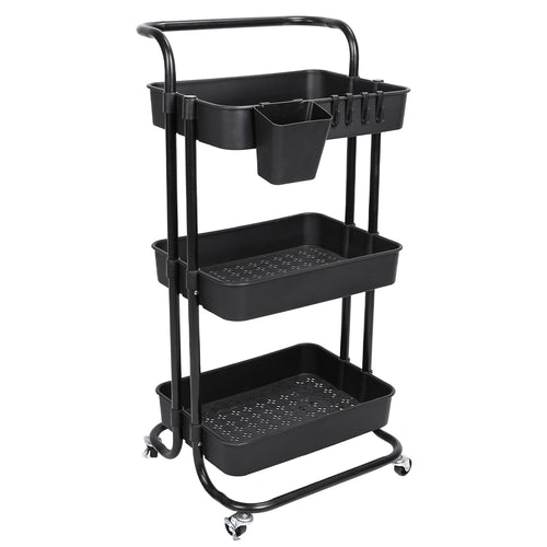3-Tier Rolling Utility Cart with Hanging Cups & Hooks