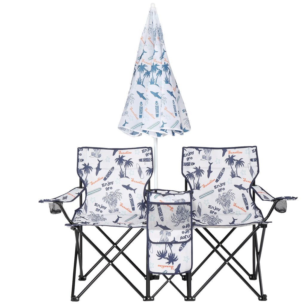 2-Seat Folding Outdoor Chair with Removable Sun Umbrella