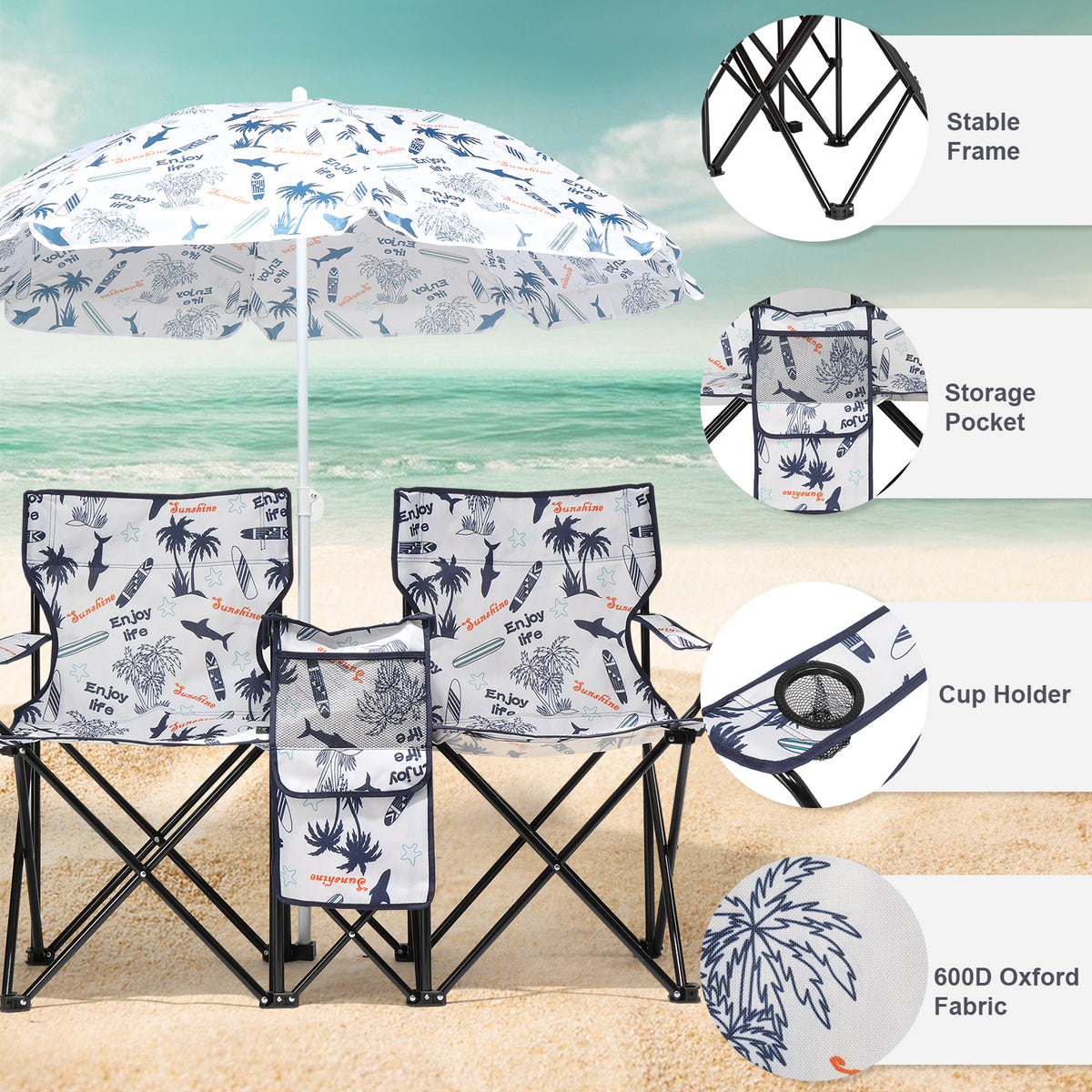 2-Seat Folding Outdoor Chair with Removable Sun Umbrella
