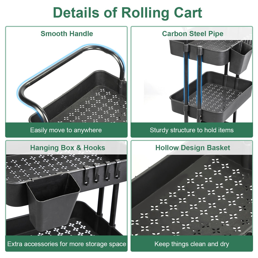 3-Tier Rolling Utility Cart with Hanging Cups & Hooks