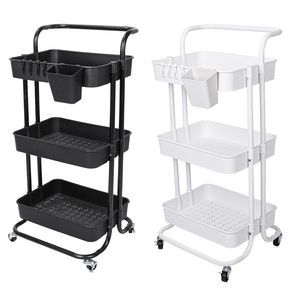 3-Tier Rolling Utility Cart with Hanging Cups & Hooks