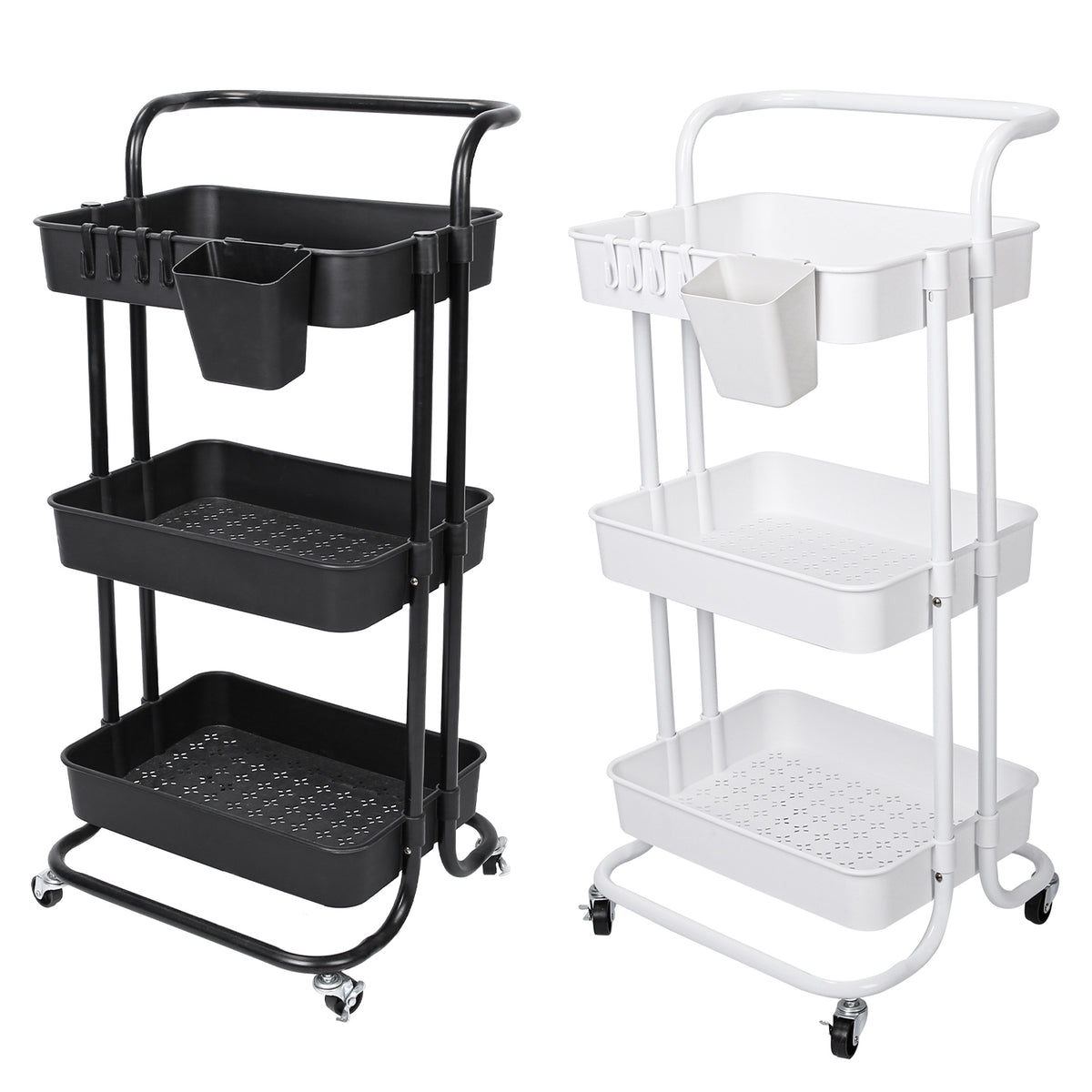 3-Tier Rolling Utility Cart with Hanging Cups & Hooks