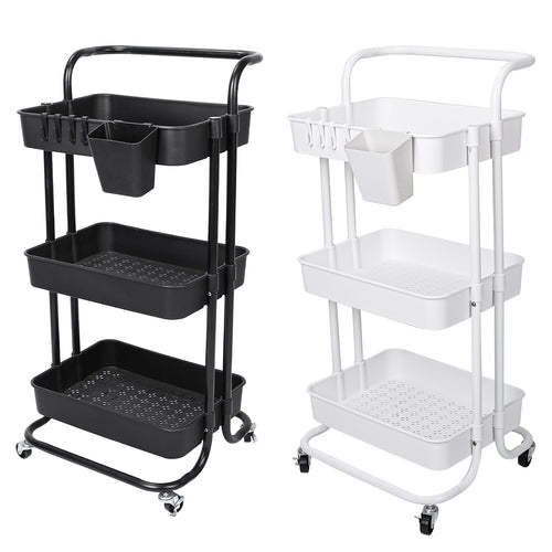 3-Tier Rolling Utility Cart with Hanging Cups & Hooks