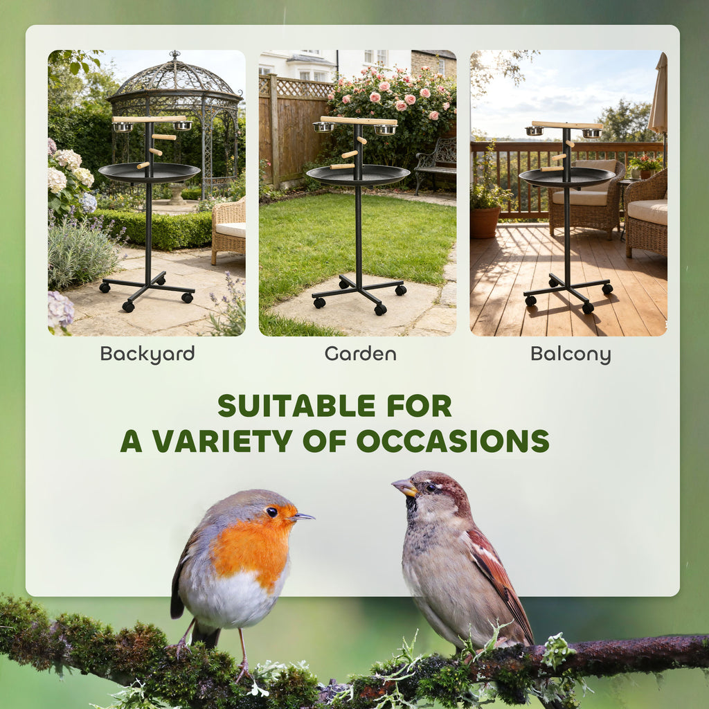 Rolling Bird Play Stand with Perches & Feeding Bowls