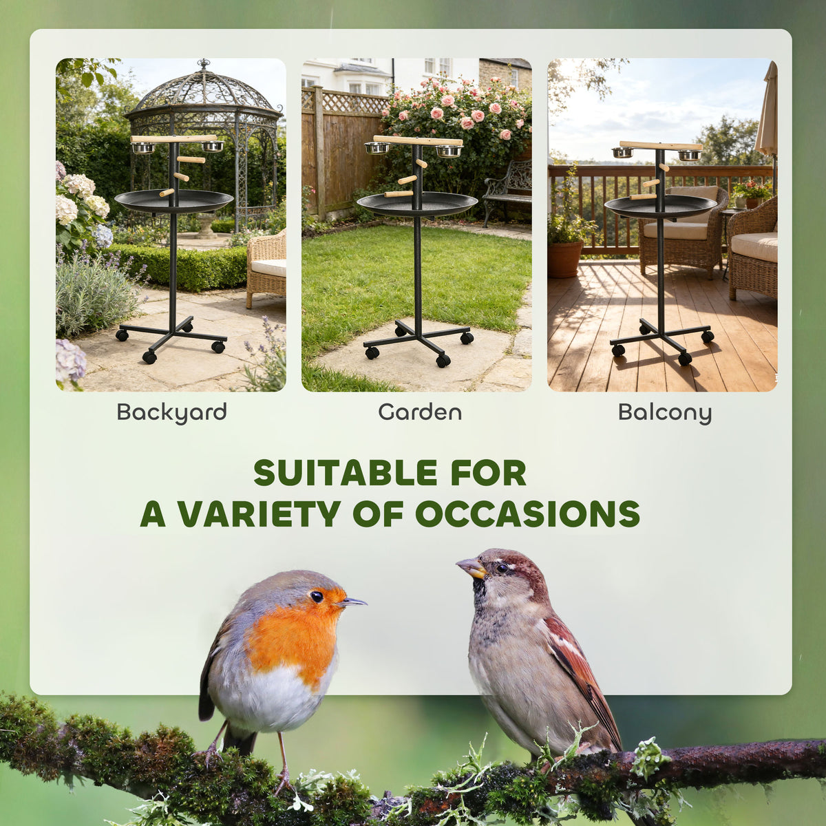 Rolling Bird Play Stand with Perches & Feeding Bowls