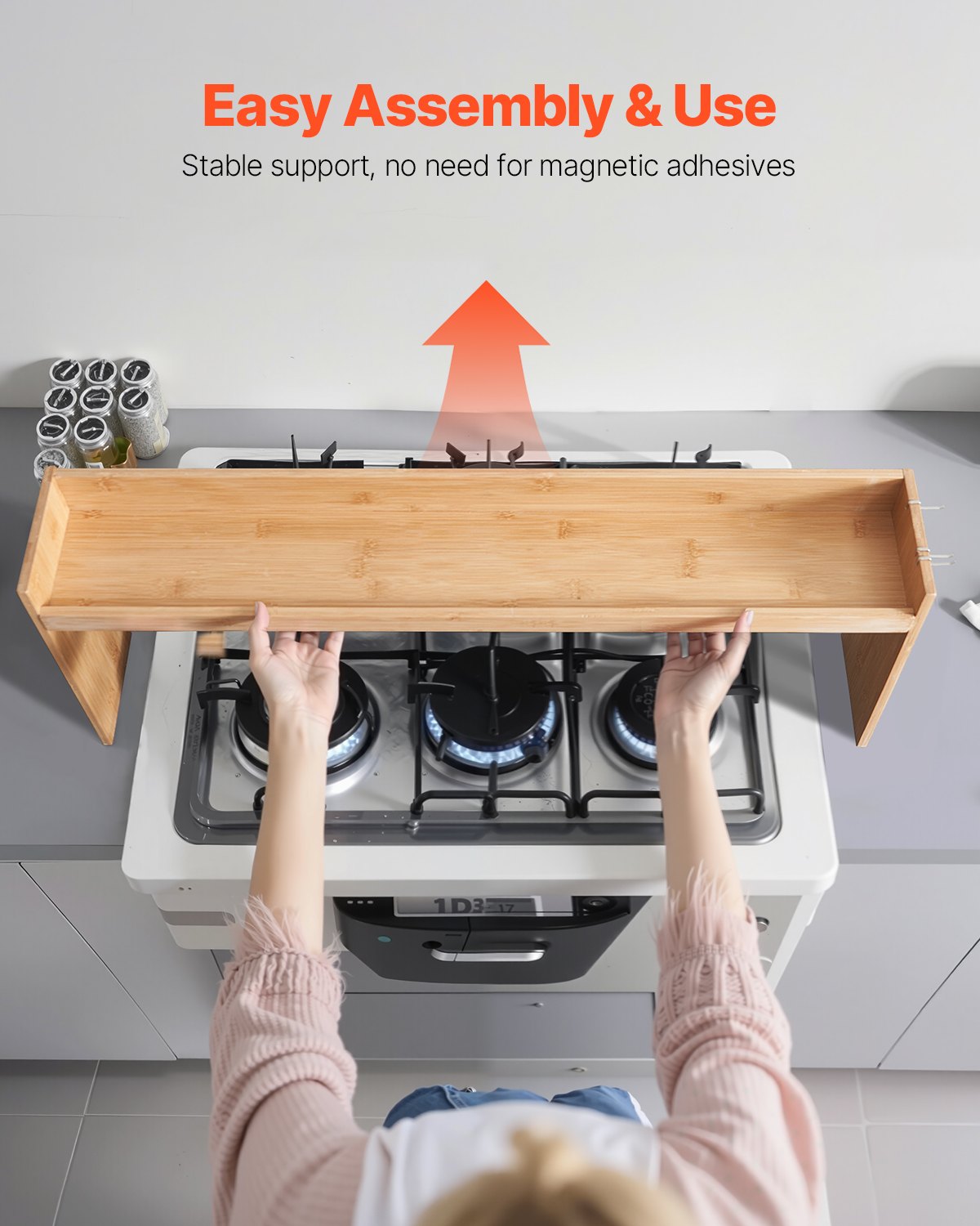 Over-the-Stove Bamboo Spice Shelf with 6 Hooks