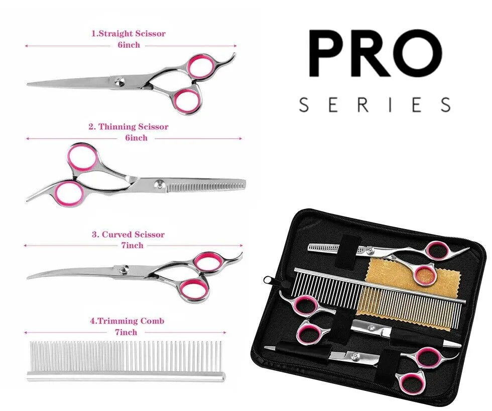 Pet Grooming Scissors Kit (Straight, Curved, Thinning + Comb)