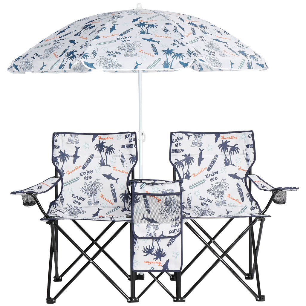 2-Seat Folding Outdoor Chair with Removable Sun Umbrella