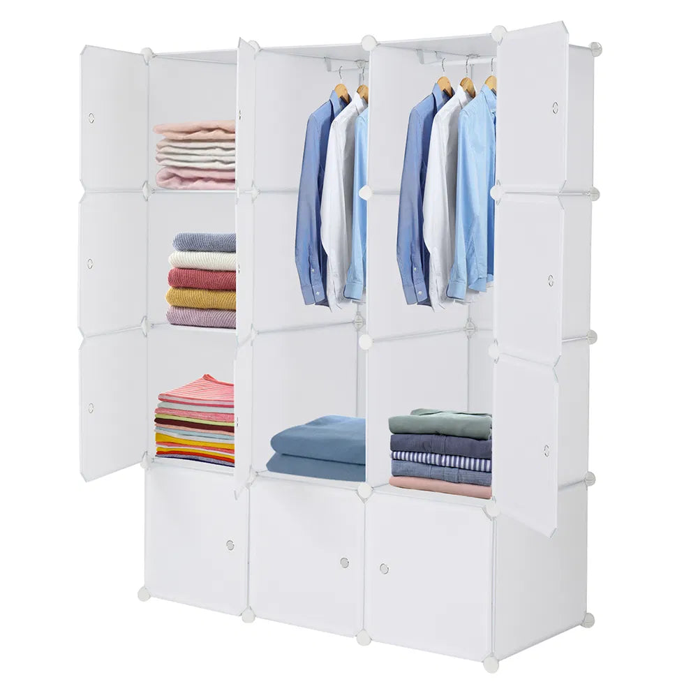 12-Cube Stackable Storage Organizer with Hanging Rod (White)