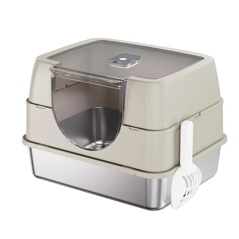 Enclosed Stainless Steel Cat Litter Box with Flip-Top Lid