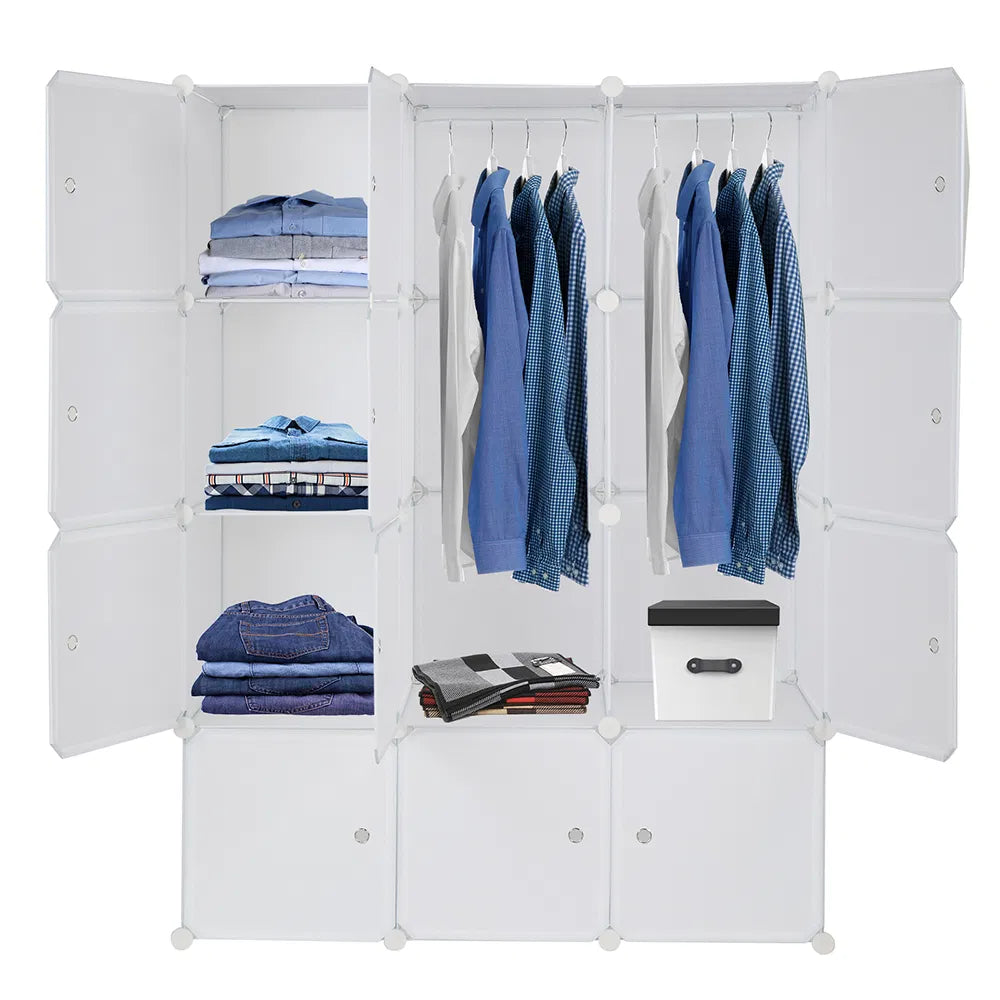 12-Cube Stackable Storage Organizer with Hanging Rod (White)