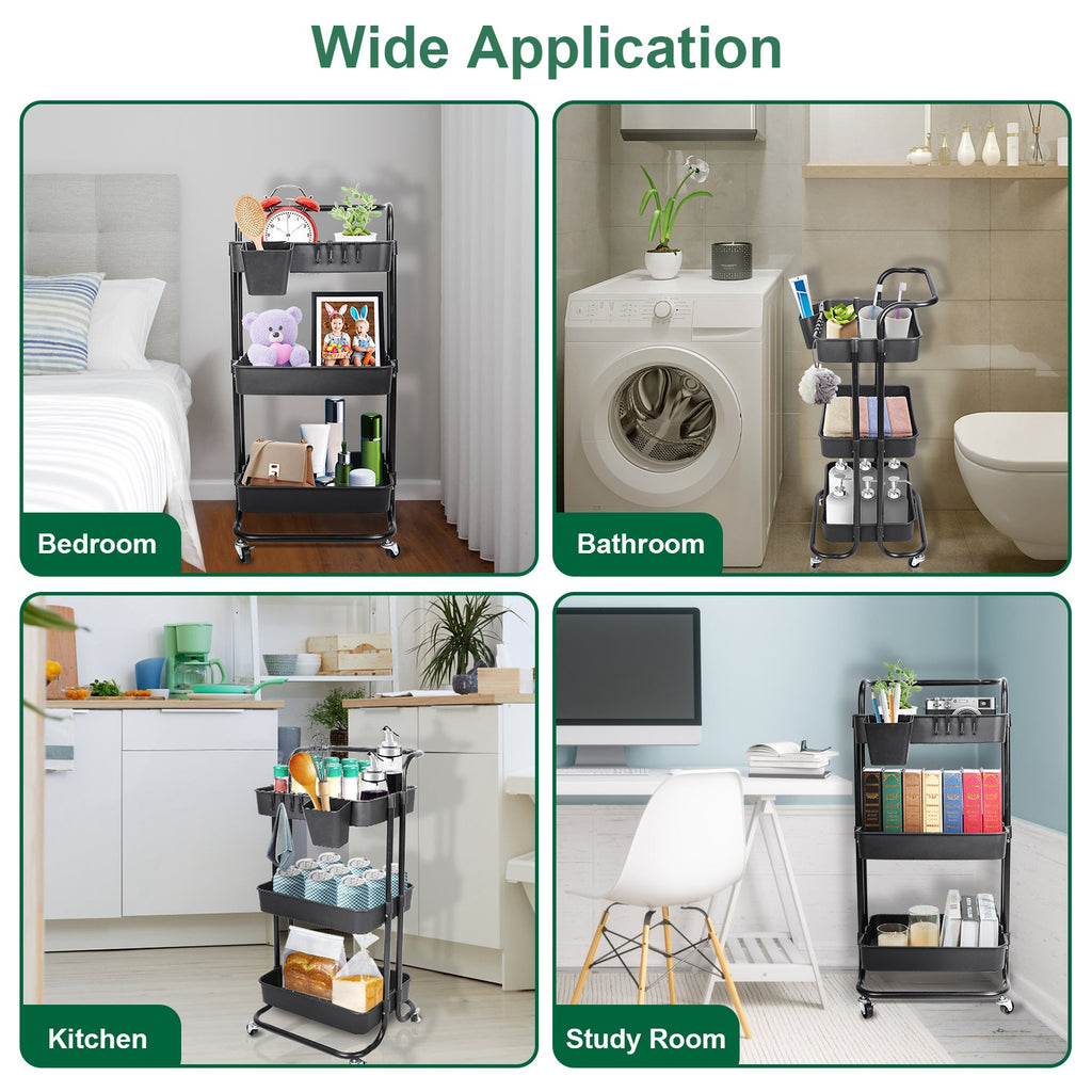 3-Tier Rolling Utility Cart with Hanging Cups & Hooks