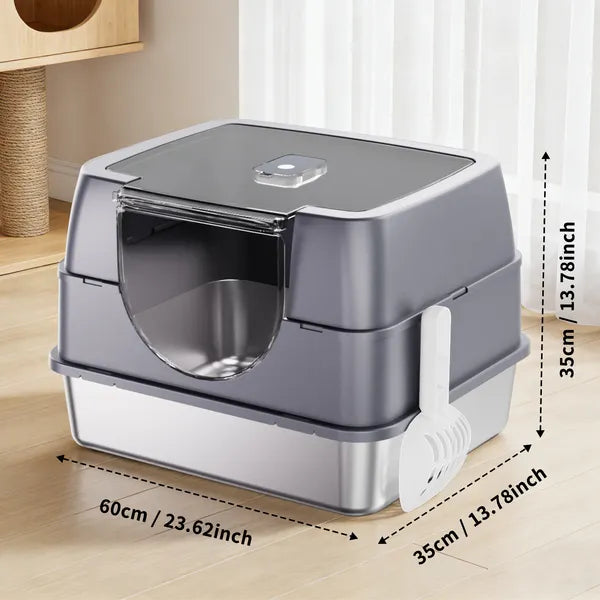 Enclosed Stainless Steel Cat Litter Box with Flip-Top Lid