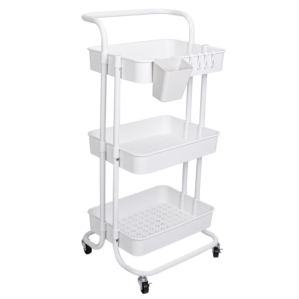 3-Tier Rolling Utility Cart with Hanging Cups & Hooks