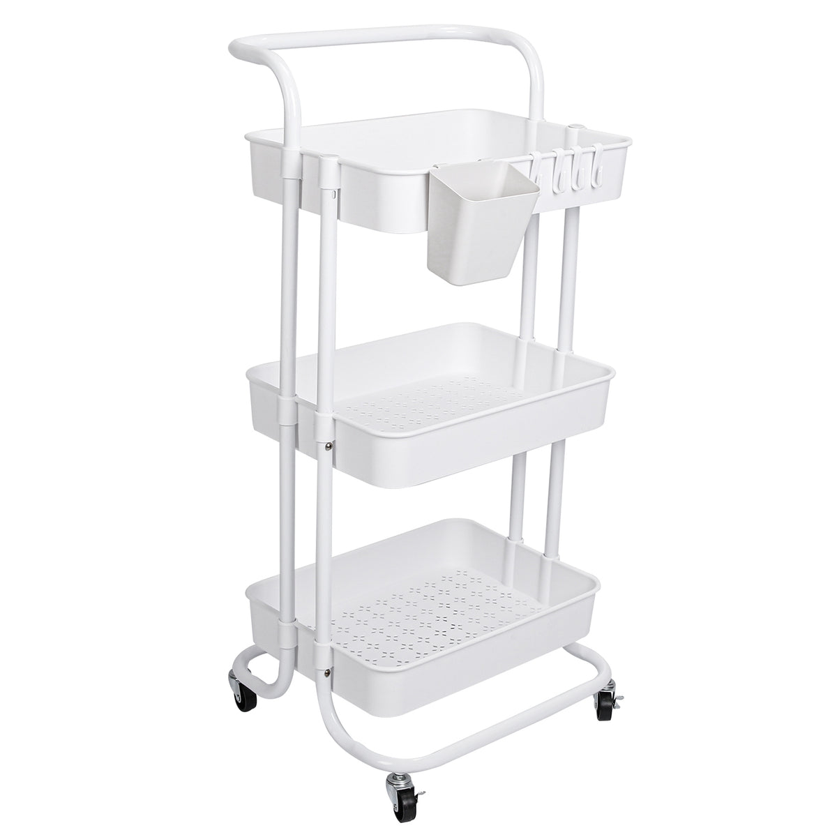 3-Tier Rolling Utility Cart with Hanging Cups & Hooks