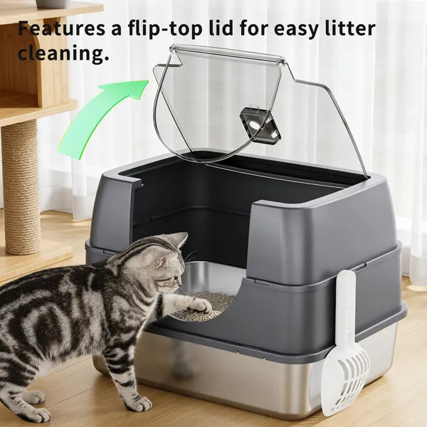 Enclosed Stainless Steel Cat Litter Box with Flip-Top Lid