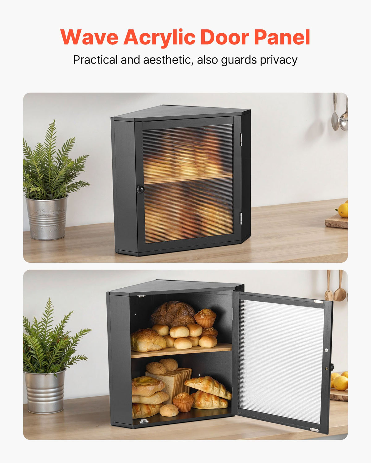 Corner Bamboo Bread Box, Double Layer (Black)