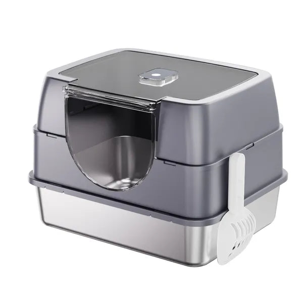 Enclosed Stainless Steel Cat Litter Box with Flip-Top Lid