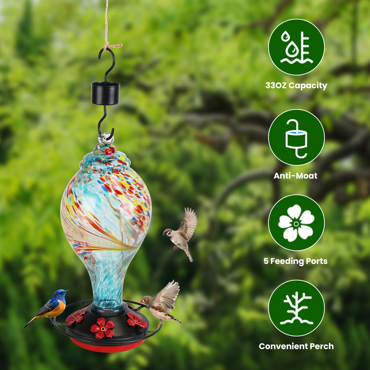 Hand-Blown Glass Hummingbird Feeder (33 oz)