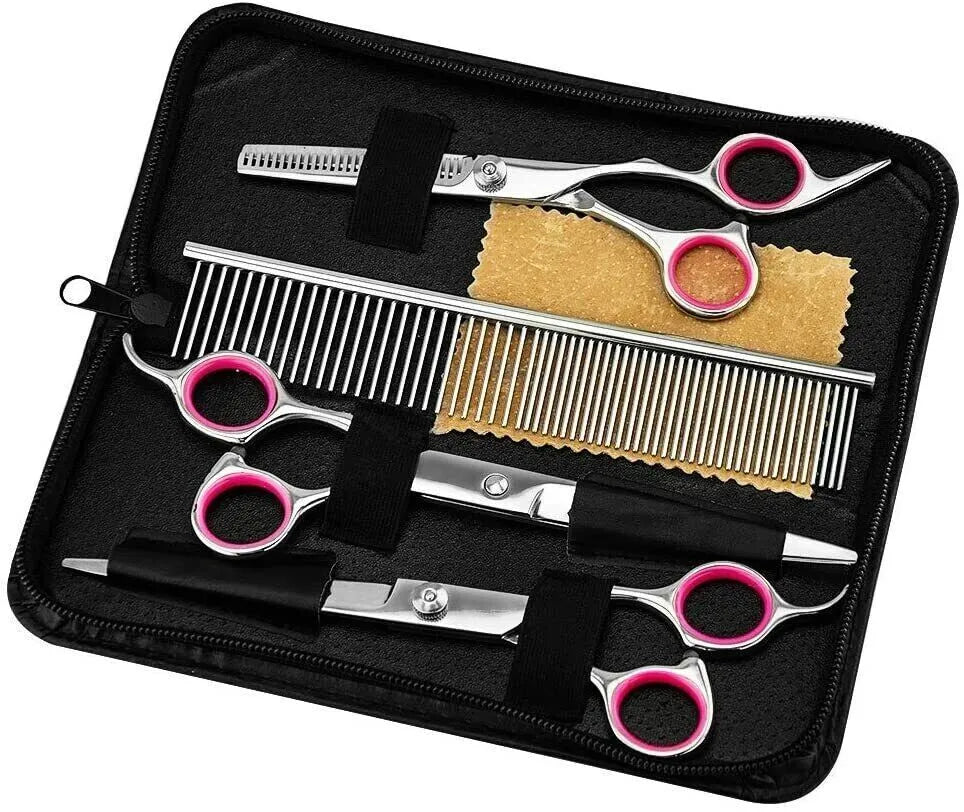 Pet Grooming Scissors Kit (Straight, Curved, Thinning + Comb)