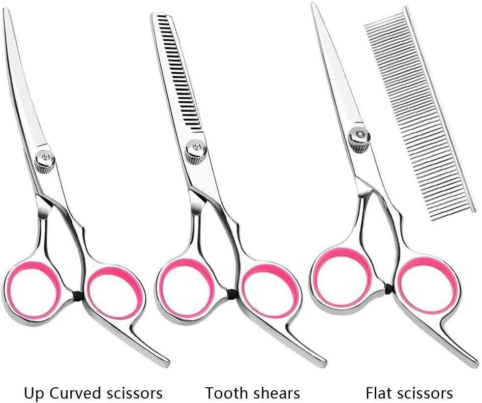 Pet Grooming Scissors Kit (Straight, Curved, Thinning + Comb)