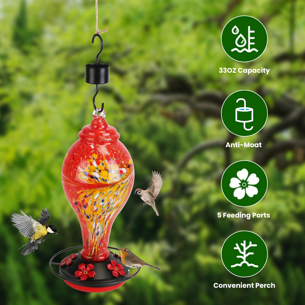 Hand-Blown Glass Hummingbird Feeder (33 oz)