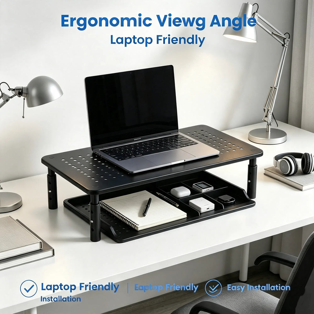 3-Level Adjustable Monitor Stand (Metal Mesh, Black)
