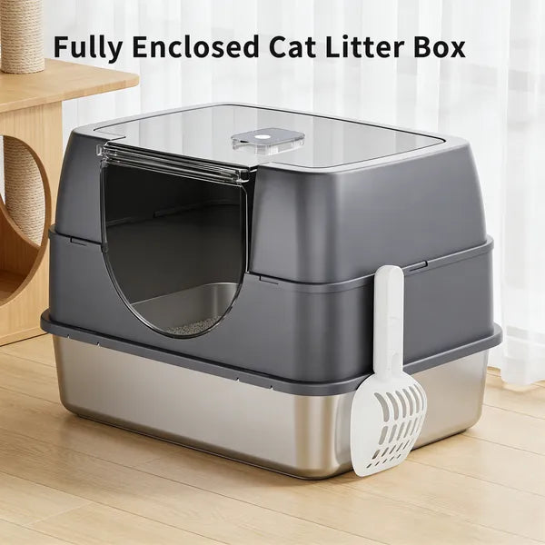 Enclosed Stainless Steel Cat Litter Box with Flip-Top Lid