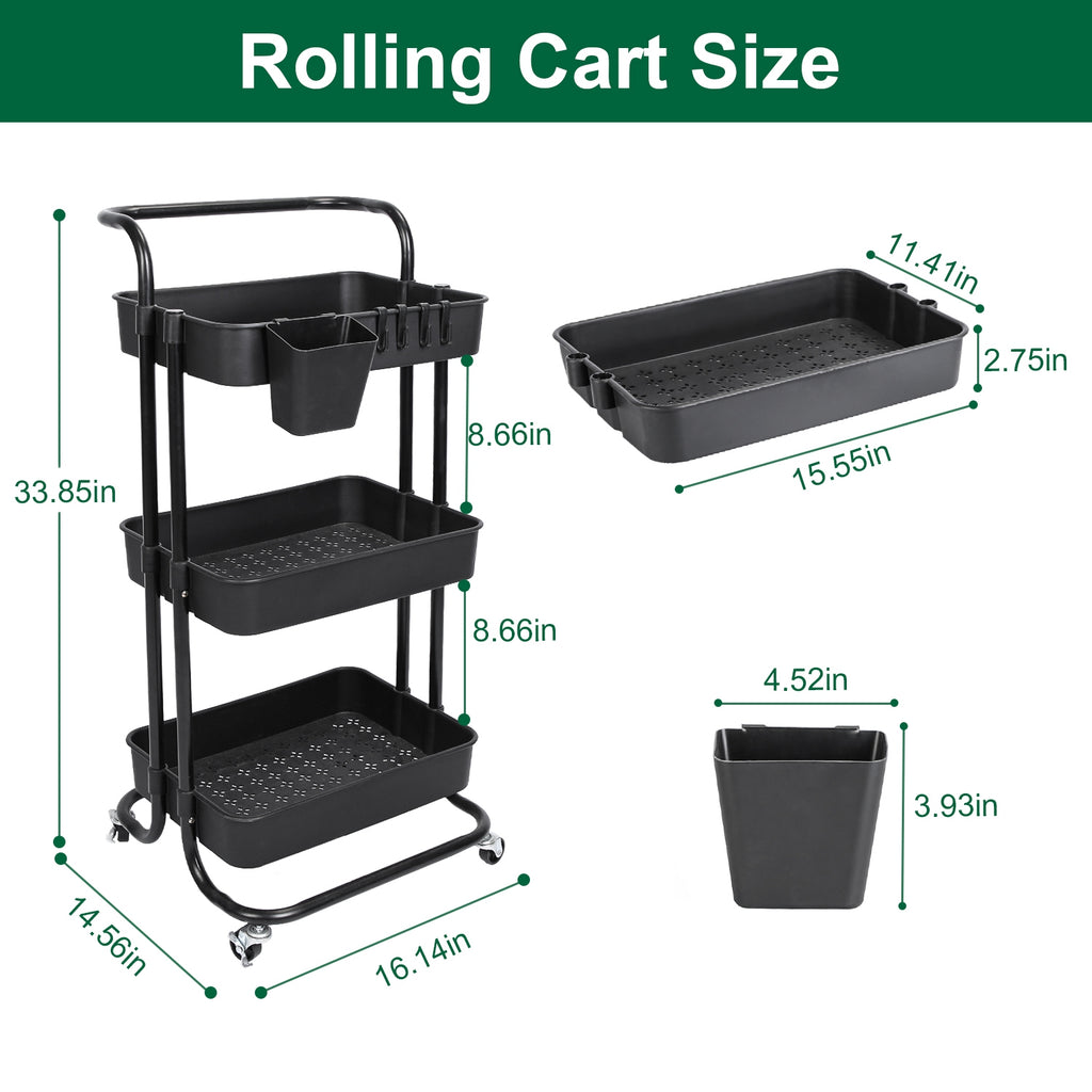 3-Tier Rolling Utility Cart with Hanging Cups & Hooks