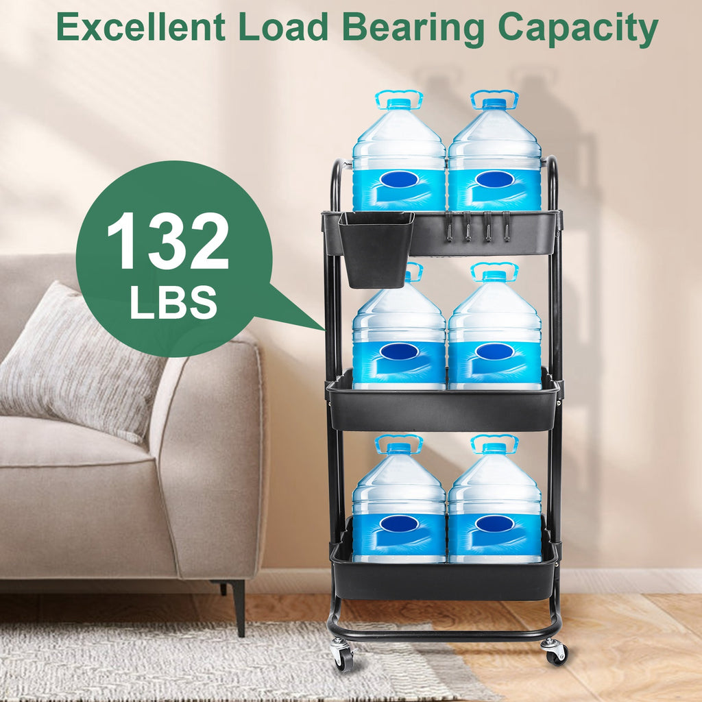 3-Tier Rolling Utility Cart with Hanging Cups & Hooks