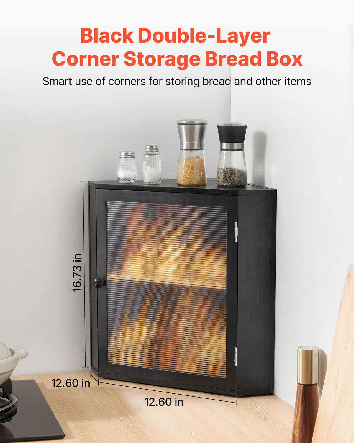 Corner Bamboo Bread Box, Double Layer (Black)