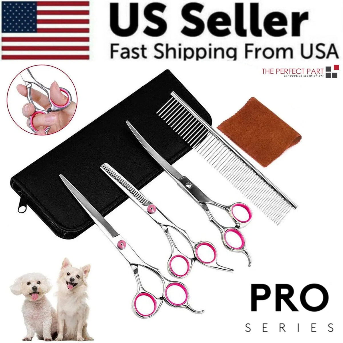 Pet Grooming Scissors Kit (Straight, Curved, Thinning + Comb)