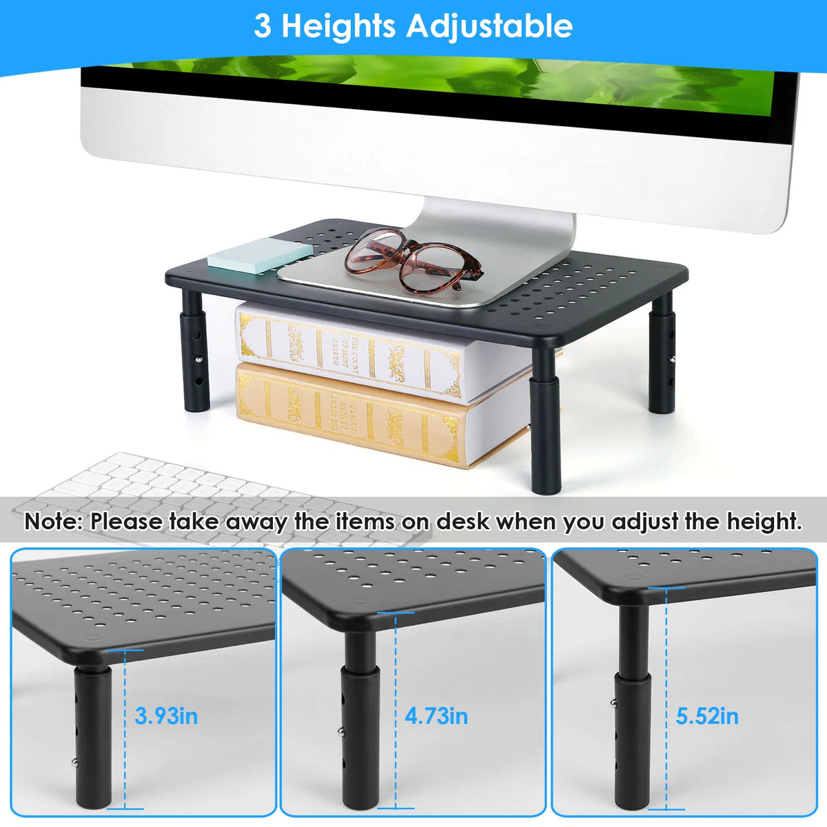 3-Level Adjustable Monitor Stand (Metal Mesh, Black)