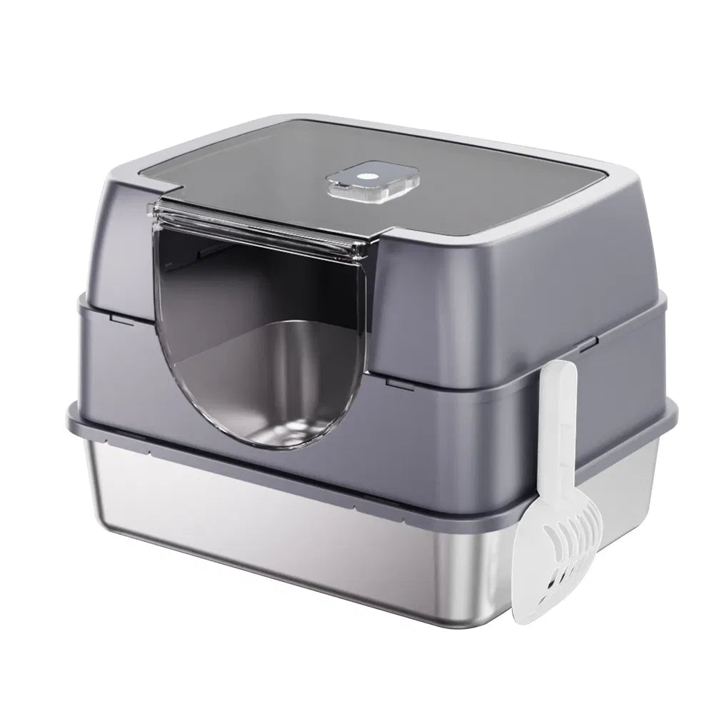 Enclosed Stainless Steel Cat Litter Box with Flip-Top Lid