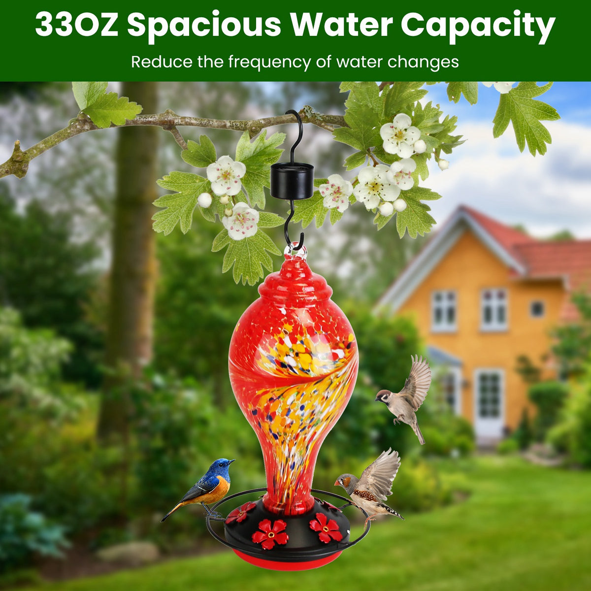 Hand-Blown Glass Hummingbird Feeder (33 oz)