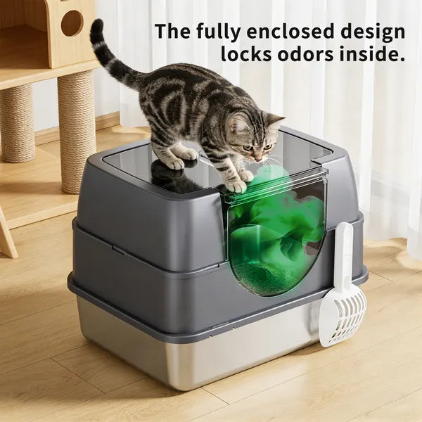 Enclosed Stainless Steel Cat Litter Box with Flip-Top Lid