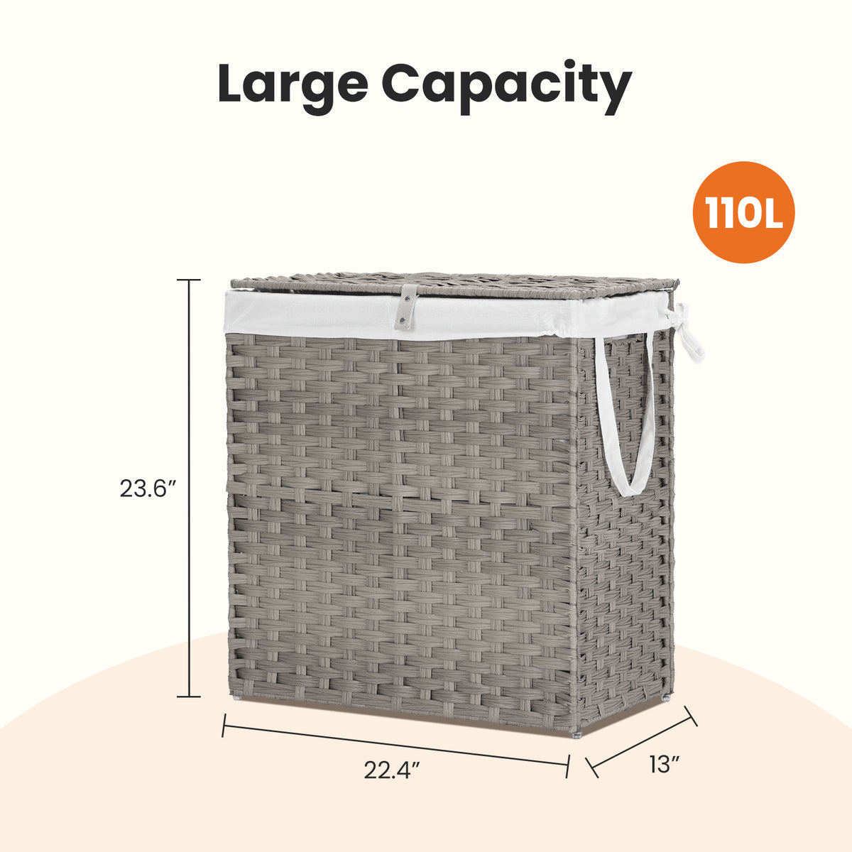 Woven Laundry Basket with Lid, 90 L (Gray)