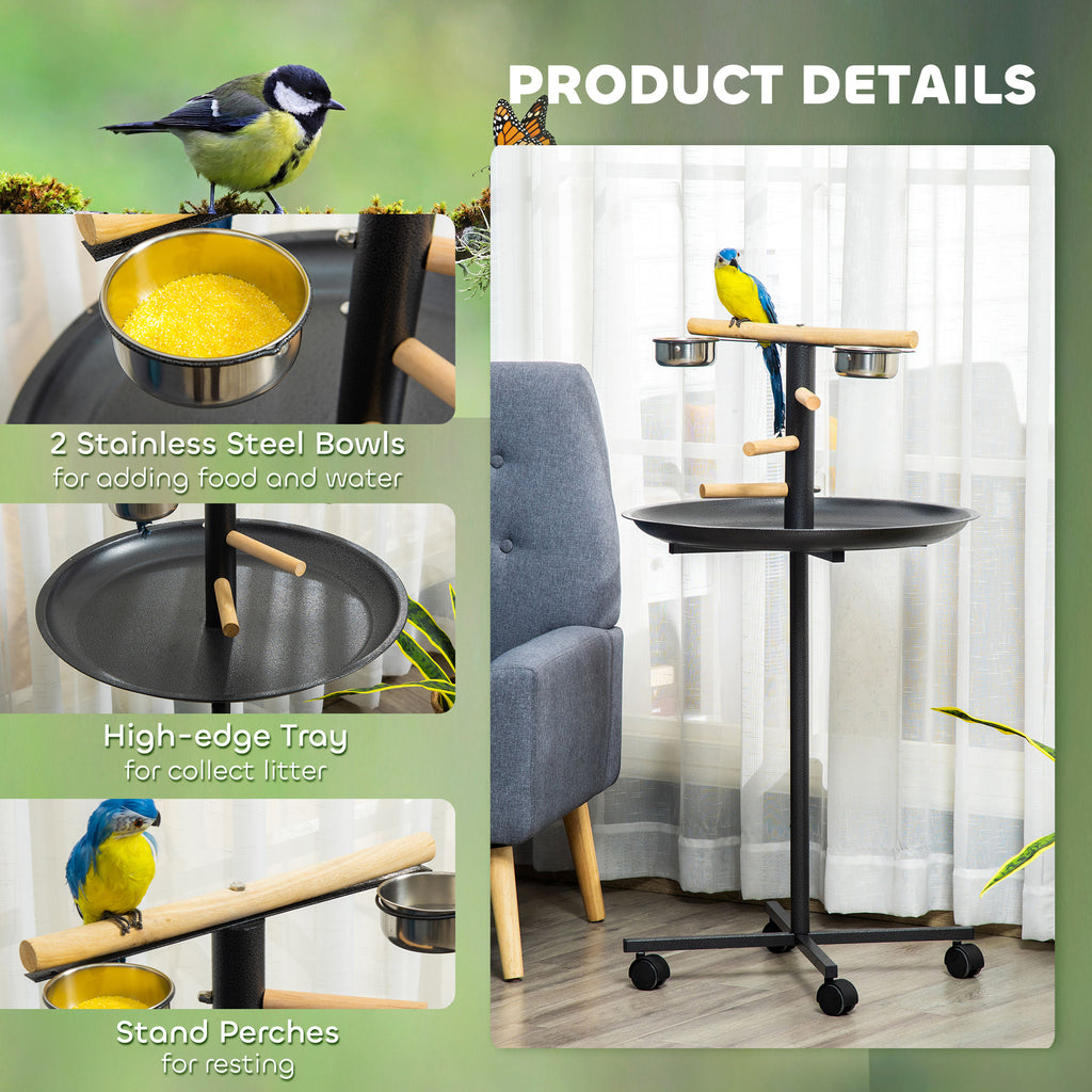 Rolling Bird Play Stand with Perches & Feeding Bowls