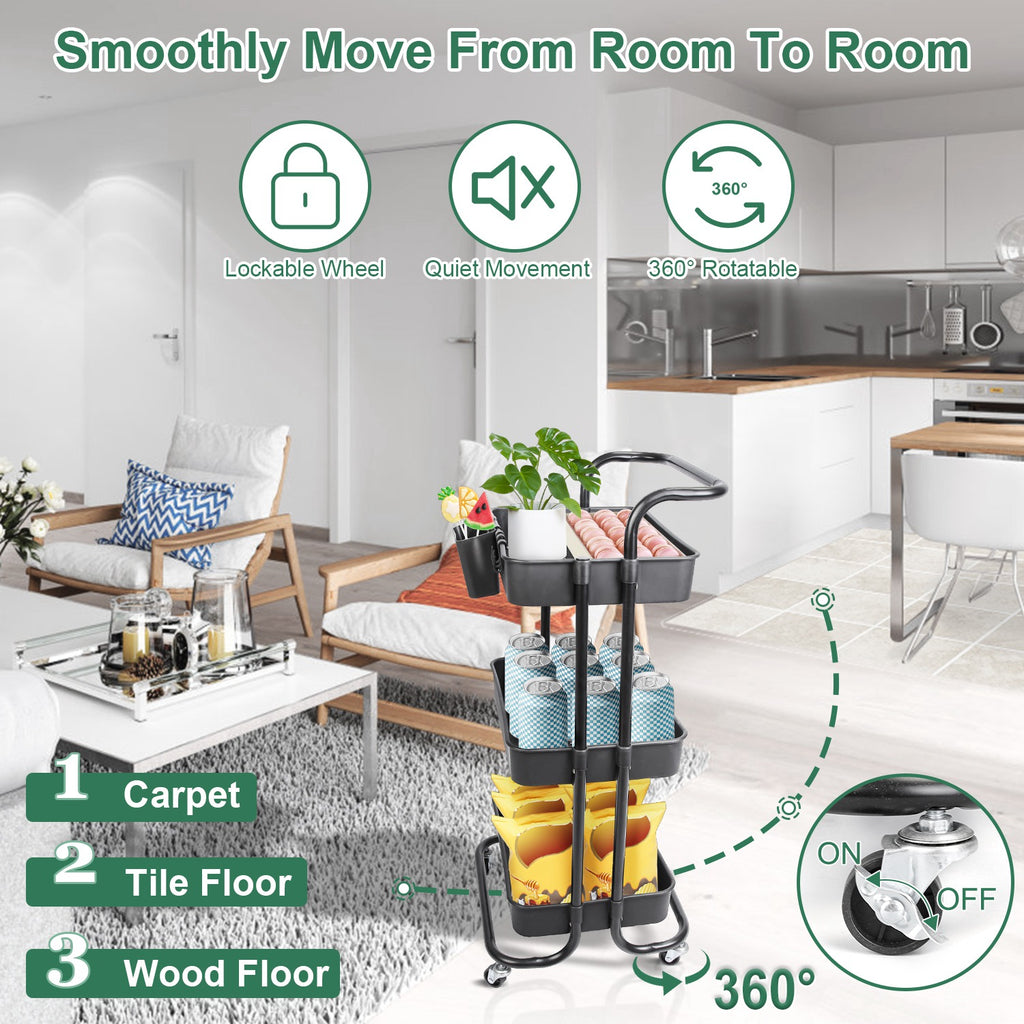 3-Tier Rolling Utility Cart with Hanging Cups & Hooks